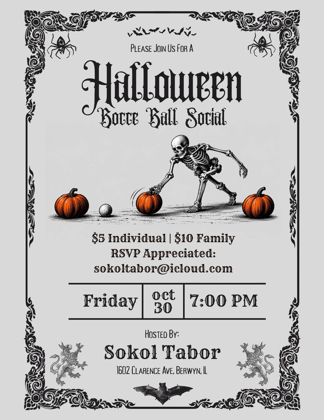Halloween Bocce Ball Social invitation with skeleton and pumpkins.