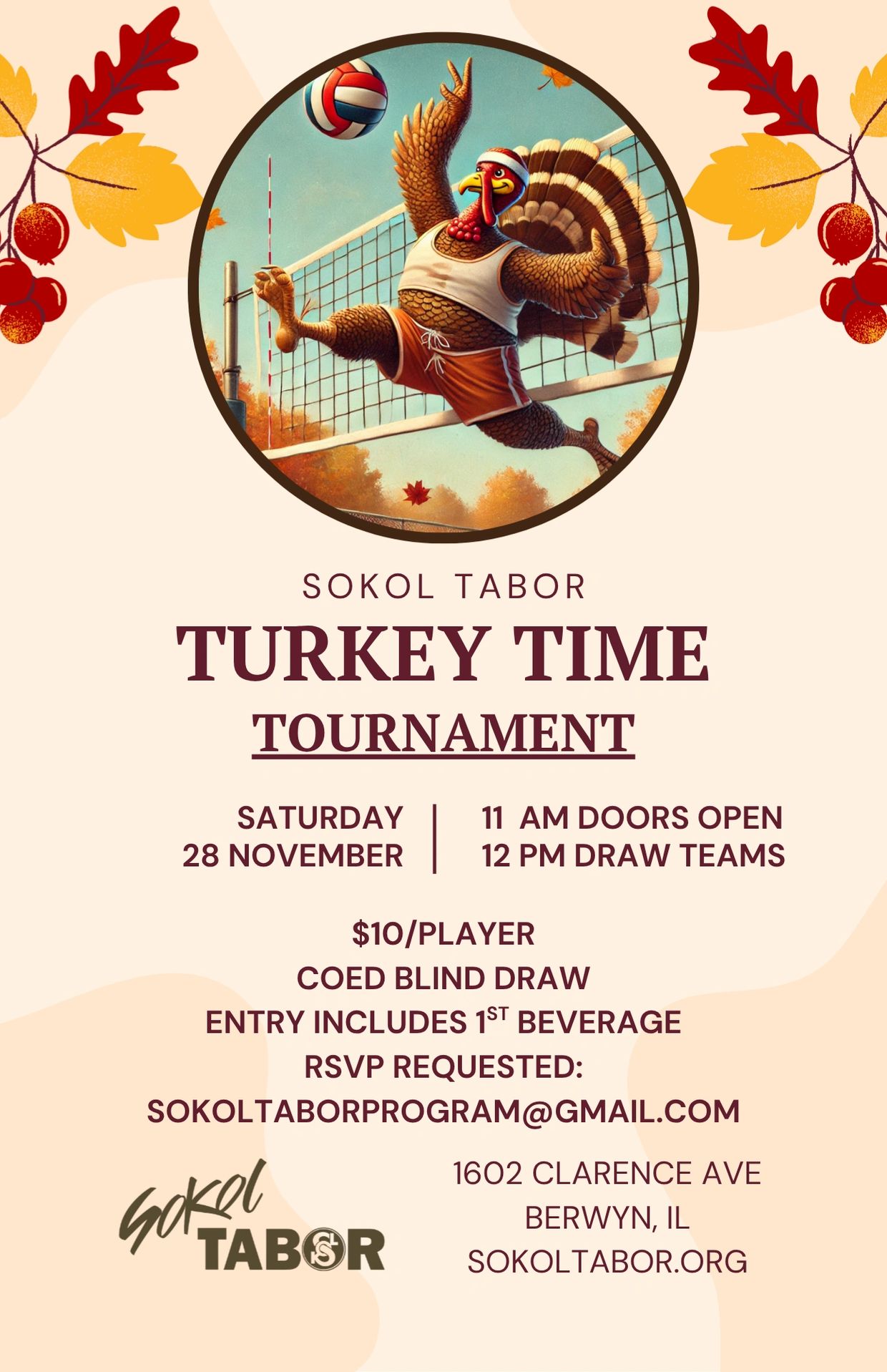 Turkey Time Volleyball Tournament poster with autumn theme.