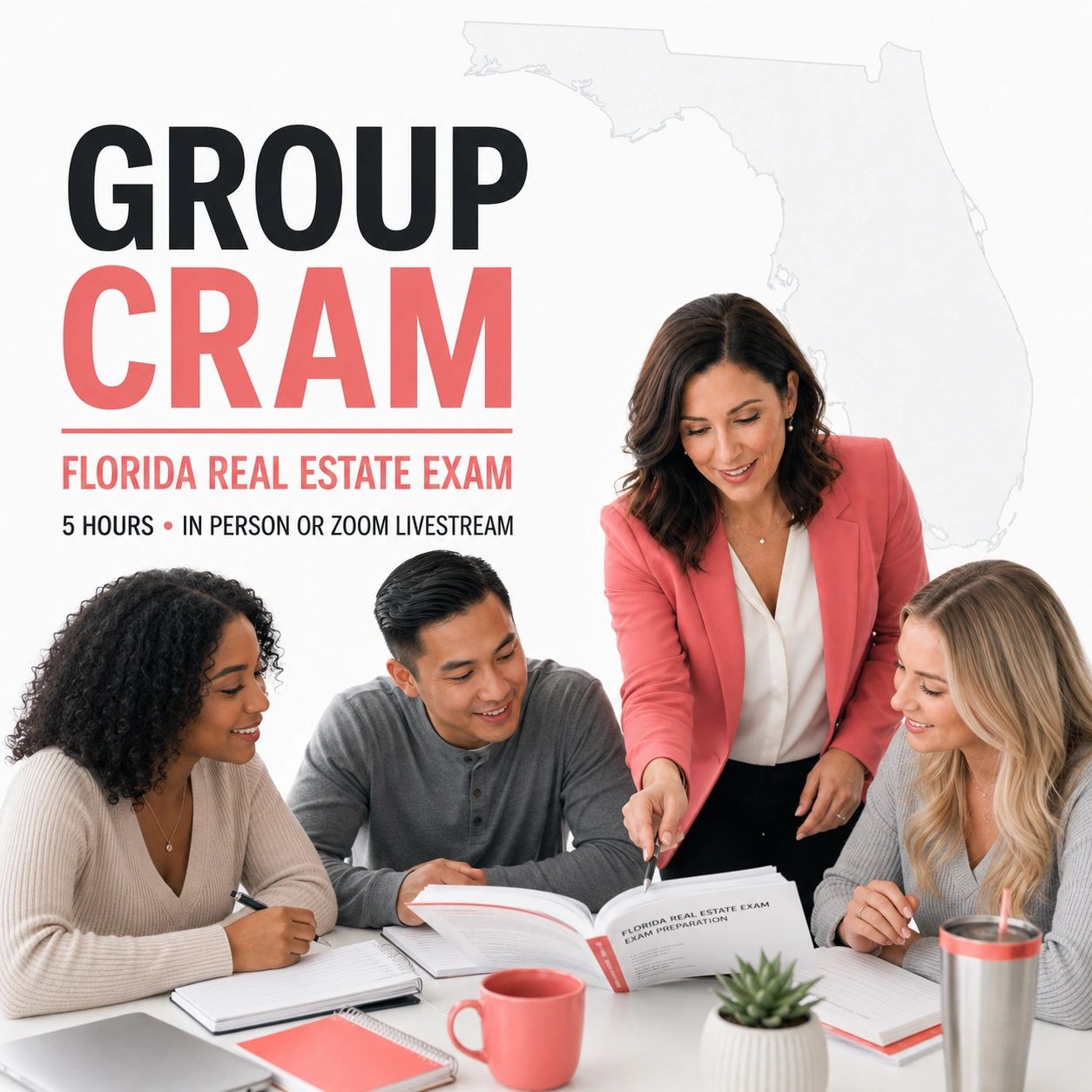 Live Florida Real Estate Exam Group CRAM with Isabel Diaz in Palmetto Bay or live on Zoom.