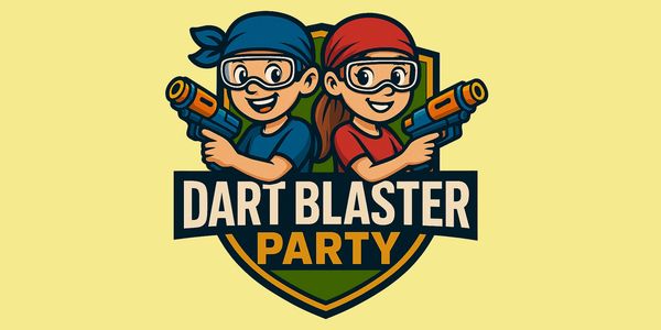 Cartoon kids with dart blasters and goggles, text says Dart Blaster Party.