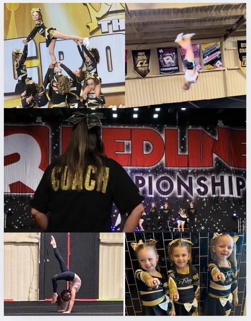 Cheerleaders performing stunts and flips with their coach at a competition.