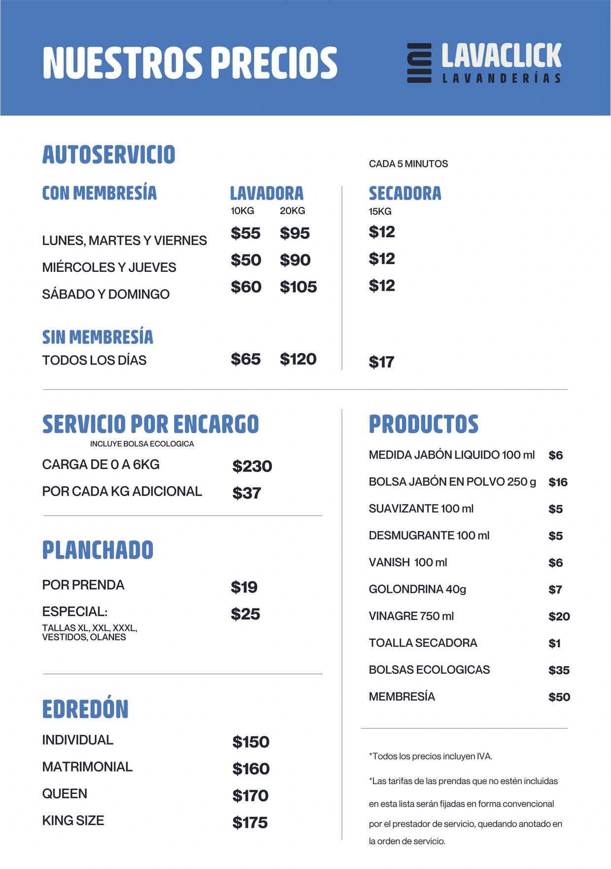 Precios de lavandería Lavaclick para autoservicio y servicios.