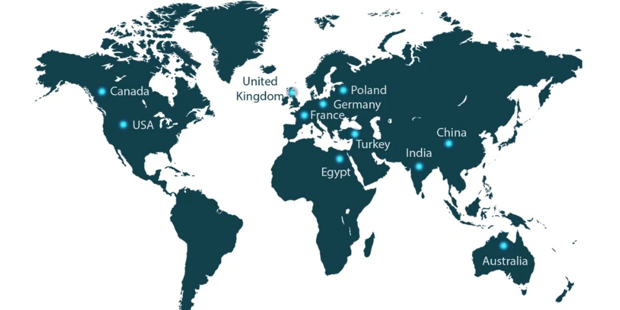 World map highlighting major countries with blue dots.