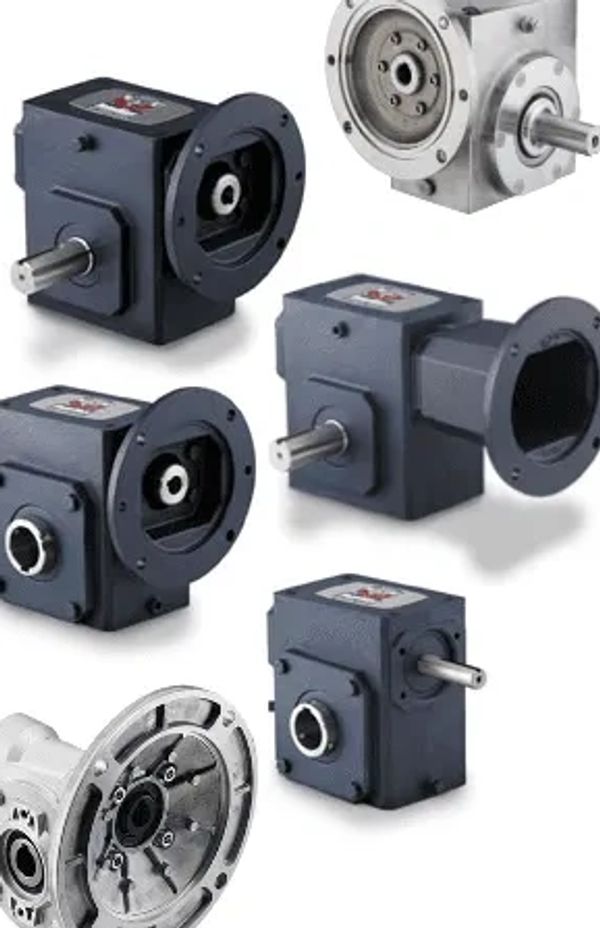 Various types of industrial gearboxes with input and output shafts.
