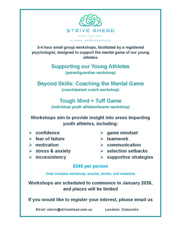 Flyer for youth athlete mental game workshops by Strive Ahead Psychology.