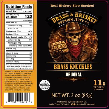 Brass &amp; Brisket Beef Jerky label with nutrition facts and branding.