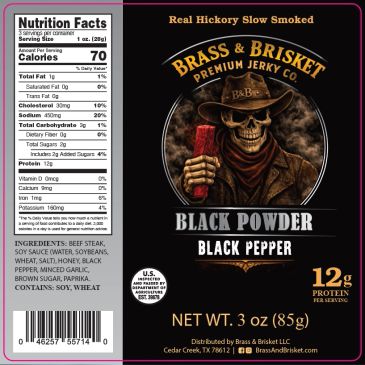 Package of Brass &amp; Brisket Black Powder Black Pepper jerky with nutrition facts.