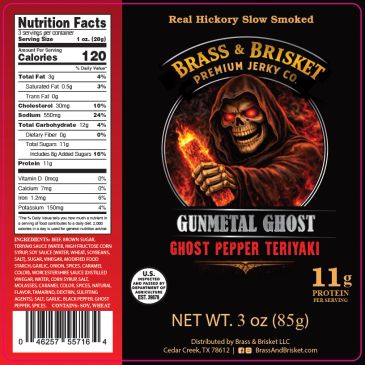 Package of Brass &amp; Brisket Gunmetal Ghost Ghost Pepper Teriyaki jerky with nutrition facts.