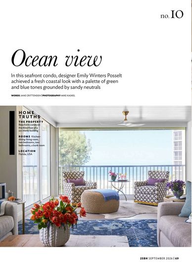 Jane Crittenden interiors article, Emily Winters Posselt  interior designer, Florida beach condo 