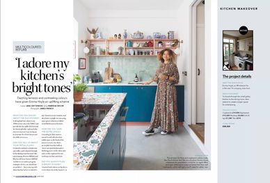 Blue kitchen, terrazzo worktop, kitchen extension, Darren Oldfield Architects, blue and pink kitchen