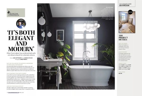 Good Homes magazine, March 2022, bathroom makeover, elegant, dark decor, traditional bathroom, style