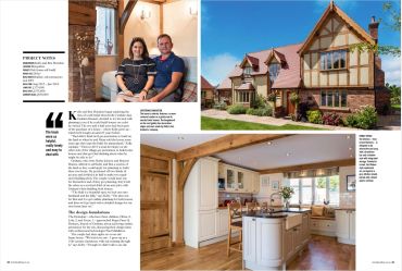 A cozy home interior and exterior with a couple featured in an article.