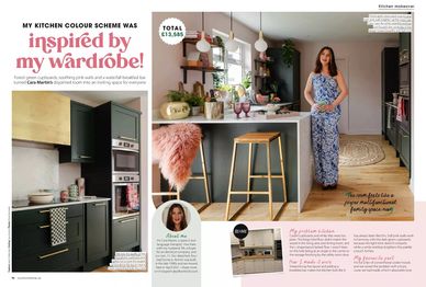 Green kitchen, pink walls, waterfall bar, HomeStyle article, kitchen ideas, interiors journalist