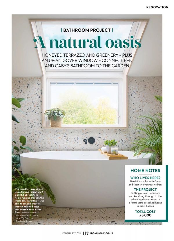 Terrazzo bathroom, Ideal Home February 2026, article by Jane Crittenden, Ben Hillman TV presenter