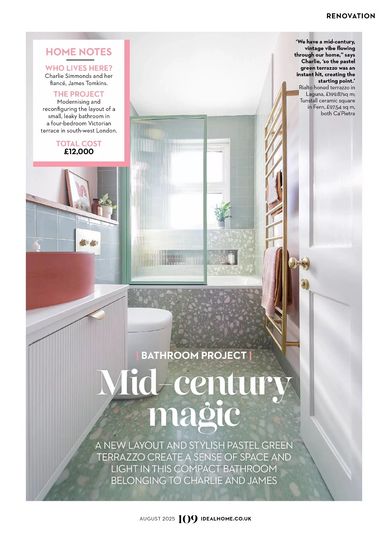 A terrazzo and green bathroom with a funky pink sink and green shower trim by writer Jane Crittenden