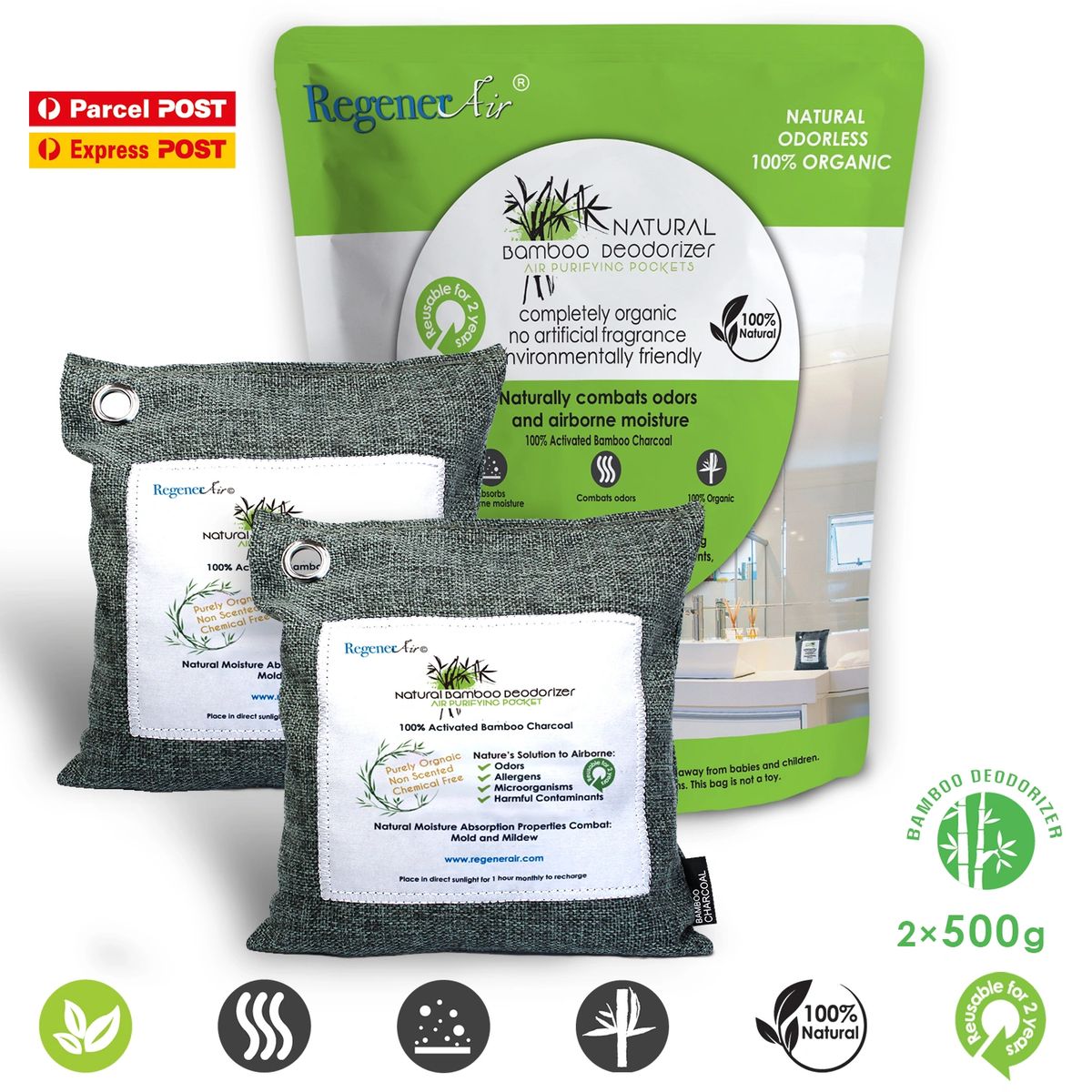 2 x 500g Natural Bamboo Air Purifier Deodorizer Bags 100% Activated Charcoal