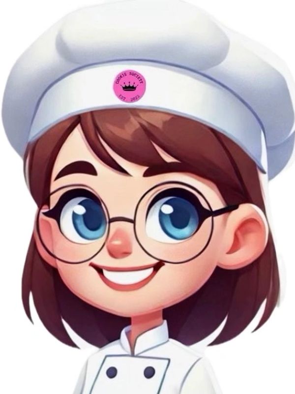Smiling cartoon chef girl with glasses and a white chef hat.