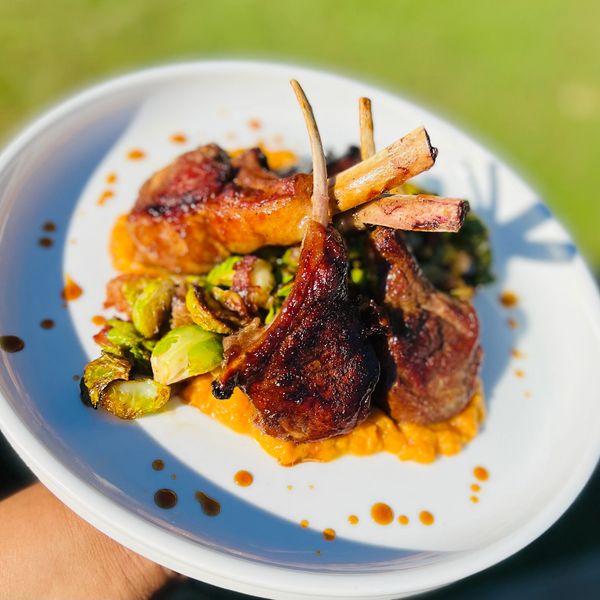 Grilled lamb chops served on a bed of vegetables and sauce on a white plate.