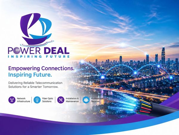 Power Deal telecommunication solutions advertising with cityscape and fiber optics.