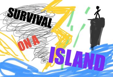 Illustration of survival on an island with a storm and a person on a cliff.