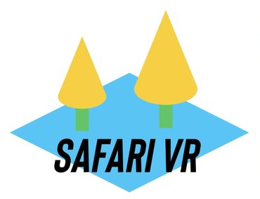Logo with stylized yellow trees and text 'SAFARI VR' on blue ground.