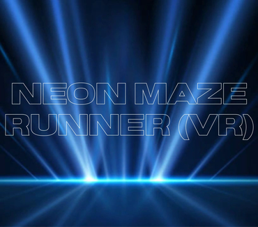 Neon Maze Runner VR logo with blue spotlight effects.