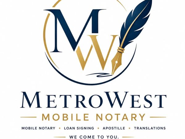 MetroWest Mobile Notary logo with feather pen design.