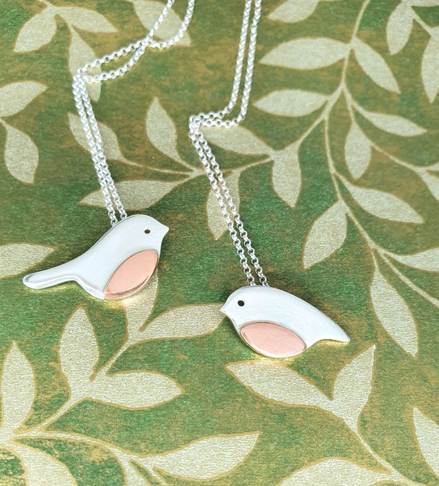 Robin Pendant Necklace  Silver and Copper. Designed and Handcrafted Jewellery by Carolyn Ford, Silve