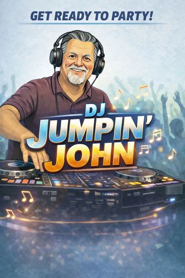 Illustration of DJ Jumpin' John ready to party with headphones and turntables.
