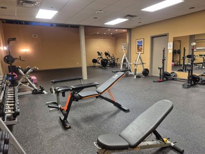 A clean gym room with benches, weights, and exercise equipment.