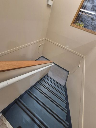 A narrow indoor staircase with blue steps and a wooden handrail.