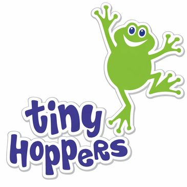 Logo featuring a cheerful green frog and the text 'tiny hoppers'.