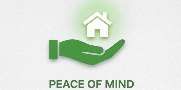 Green hand icon holding a house symbol with text about peace of mind and reliability.
