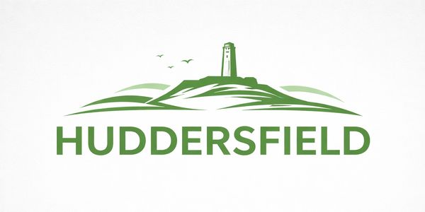 Green logo of Huddersfield with a hill and tower illustration.