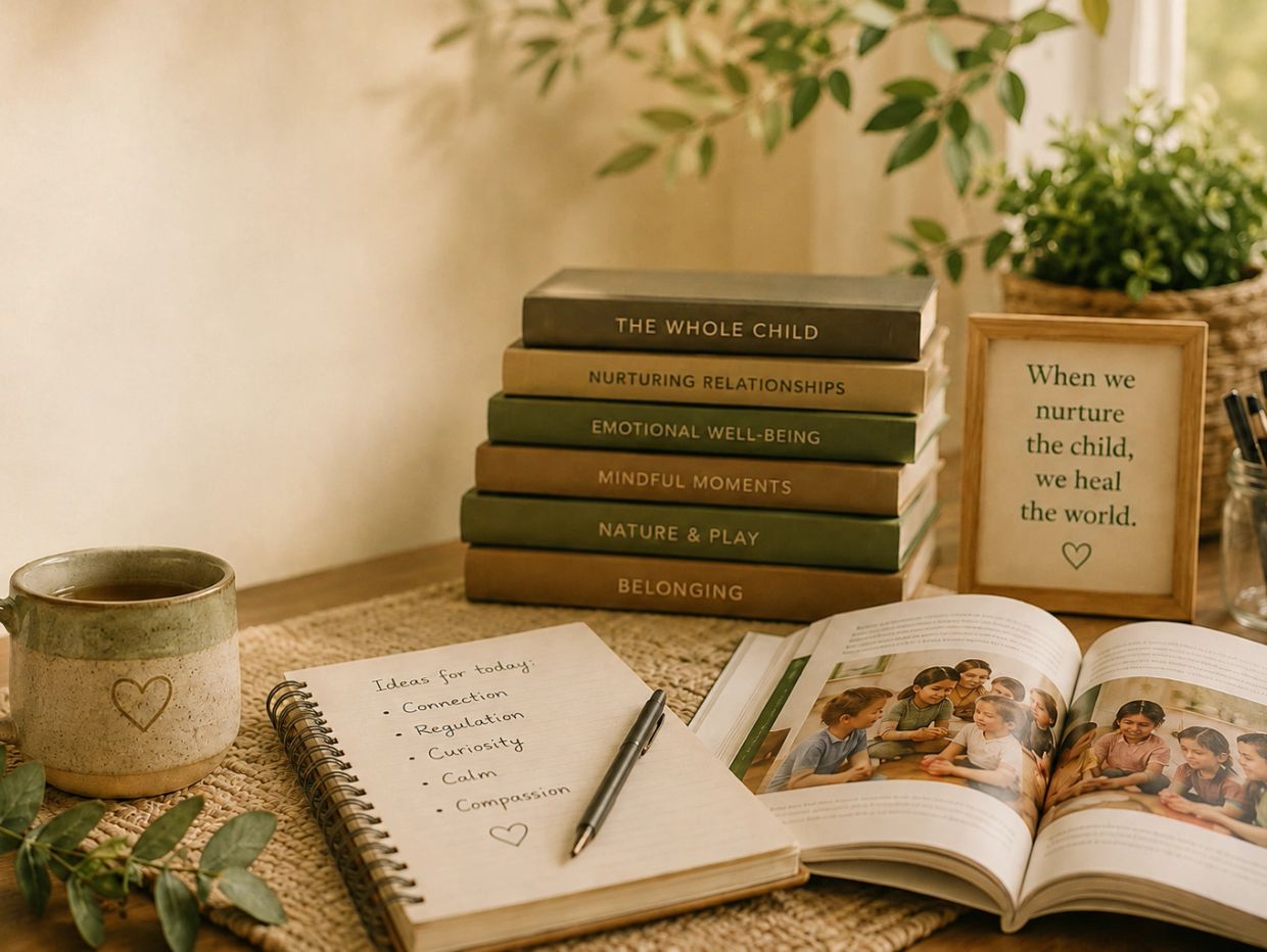 Books, notes, and a cup on a table with a nurturing quote frame.