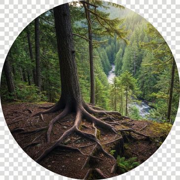 A rooted evergreen on a hillside illustrating grounded resilience that supports long‑term thriving.
