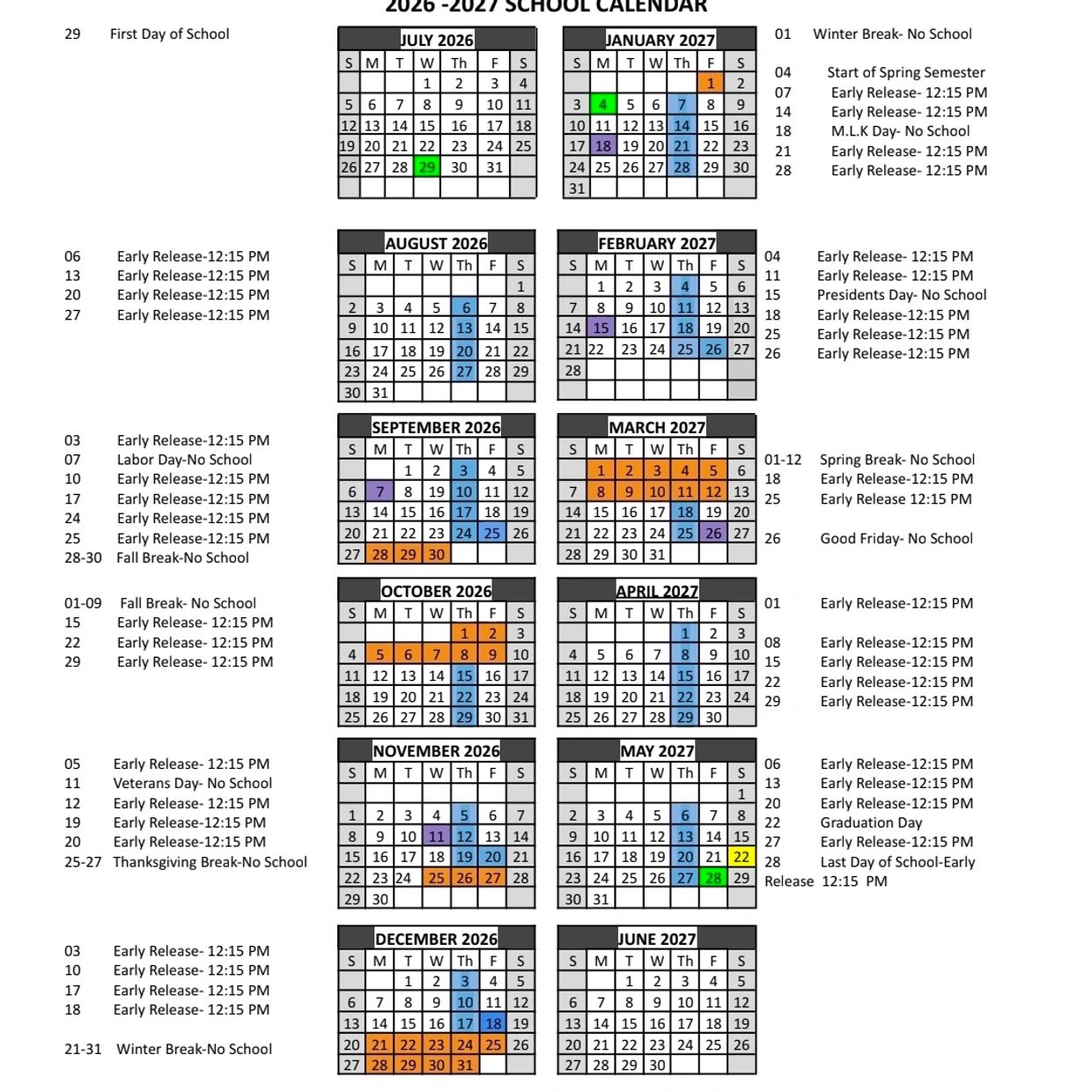 2026-2027 school calendar with key dates and early releases.