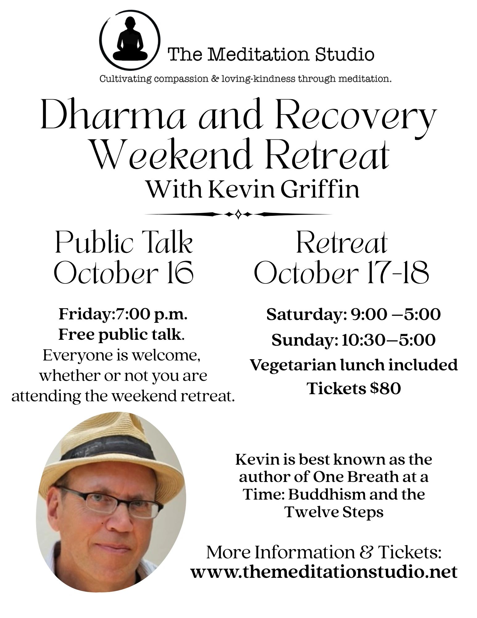 Flyer for Dharma and Recovery Weekend Retreat with Kevin Griffin.