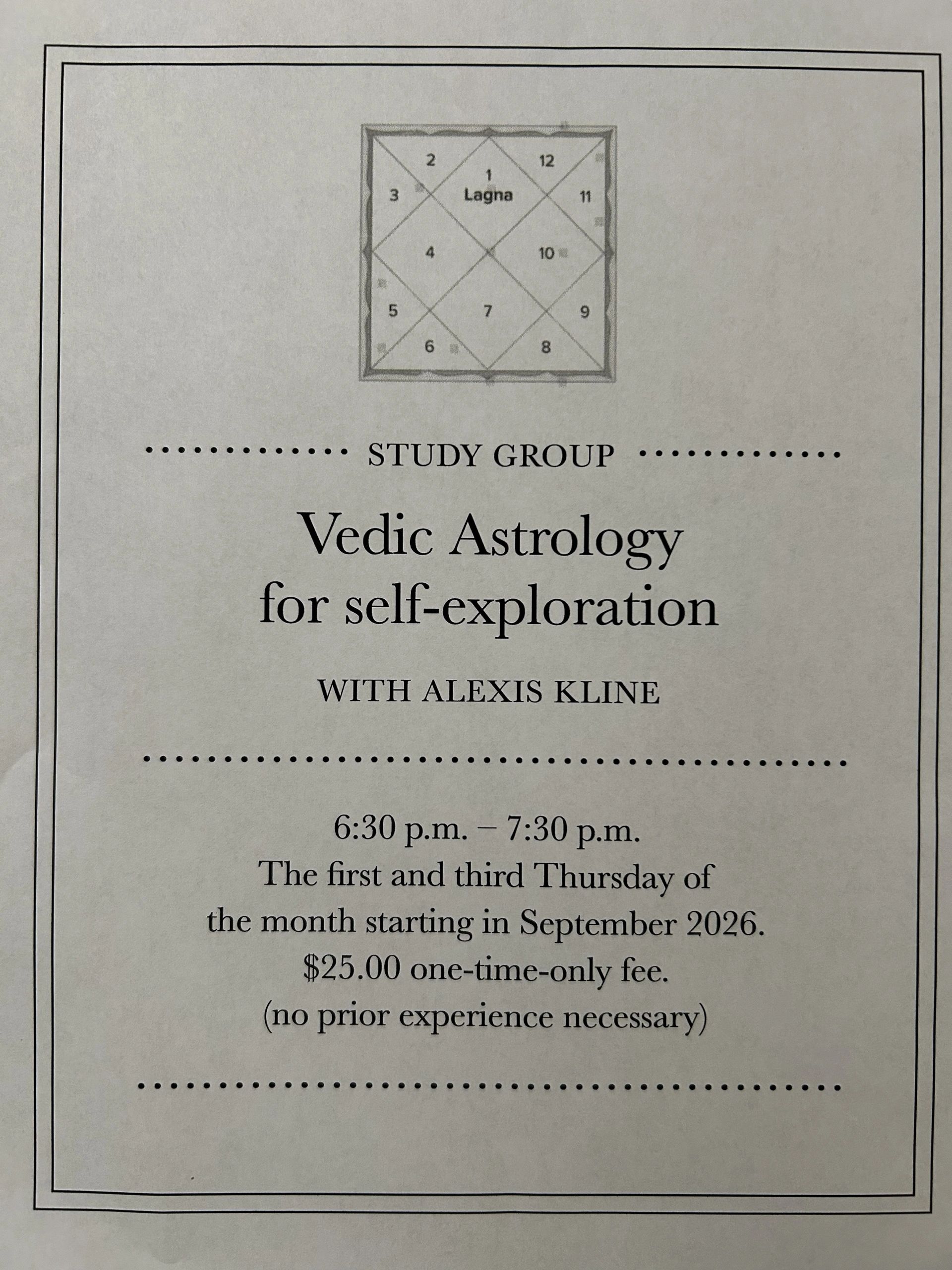 Flyer for Vedic Astrology study group with Alexis Kline.