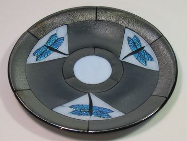 kiln-formed bowl with dichroic glass, dragonflies