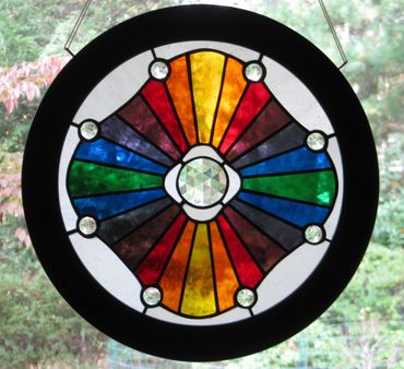 stained glass with clear faceted jewels, copper foil technique, radiance