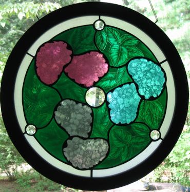 stained glass panel
hand-painted glass
hydrangea