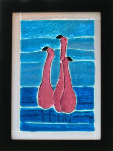 fused and painted glass, flamingos