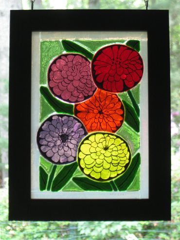 fused glass panel, painting, zinnias