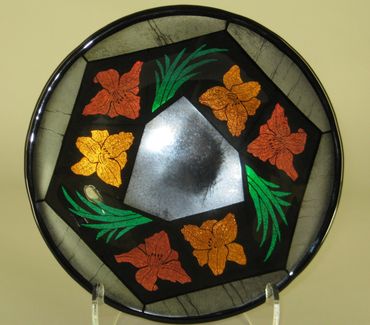kiln-formed bowl with dichroic glass, daylilies