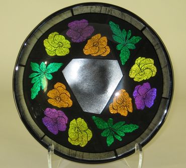 kiln-formed glass bowl, dichroic glass, pansies