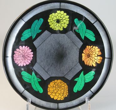 Kiln-formed bowl with dichroic glass, zinnias