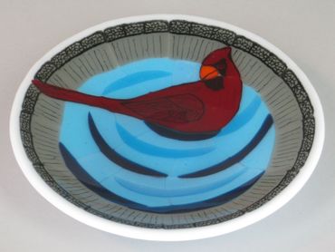 kiln-formed glass bowl, reverse painting on glass, cardinal in bird bath