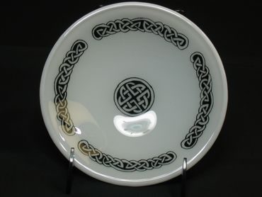 kiln-formed glass bowl, reverse painting on glass, Celtic knotwork
