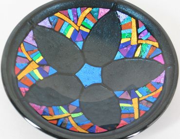 kiln-formed bowl with dichroic glass